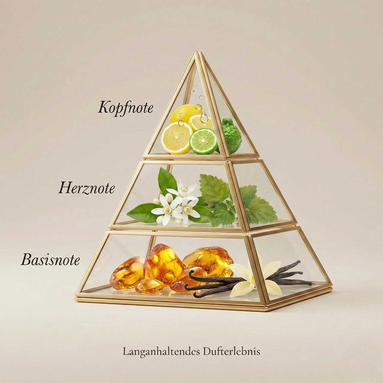 Visuelle Duftpyramide von Aïsha: Kopfnote aus Zitrone und Bergamotte, Herznote aus Orangenblüte und Minze, Basisnote aus warmem Amber und Vanille.