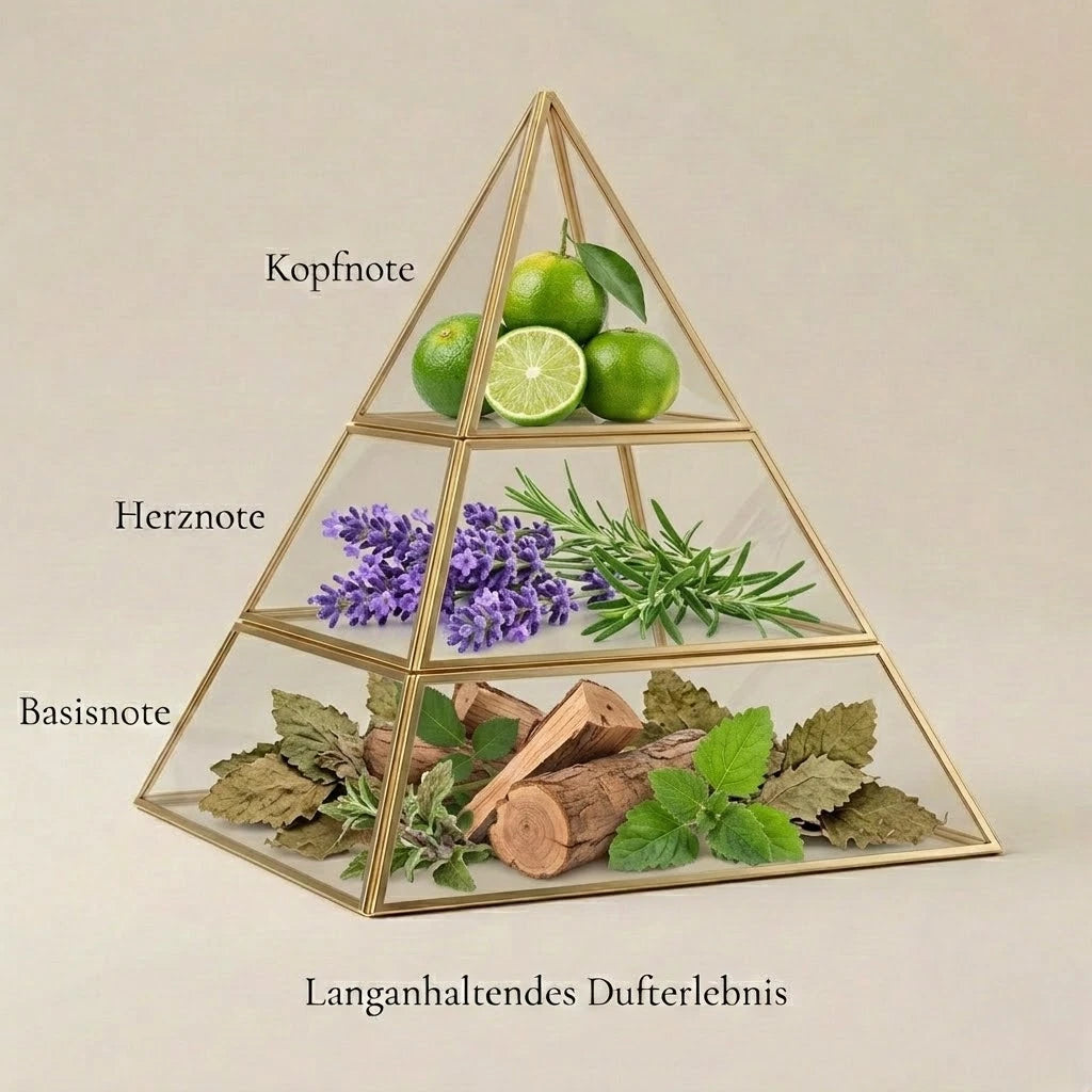 Visuelle Duftpyramide von Aqua: Kopfnote mit spritzigem Zitrus und Limette, Herznote mit aromatischem Lavendel und Rosmarin, Basisnote mit edlem Holz und grünen Patschuliblättern.