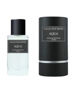 Das Collection Privée Aqua 50ml Herren Parfum neben der dazugehörigen mattschwarzen Originalverpackung in eleganter Zylinderform.