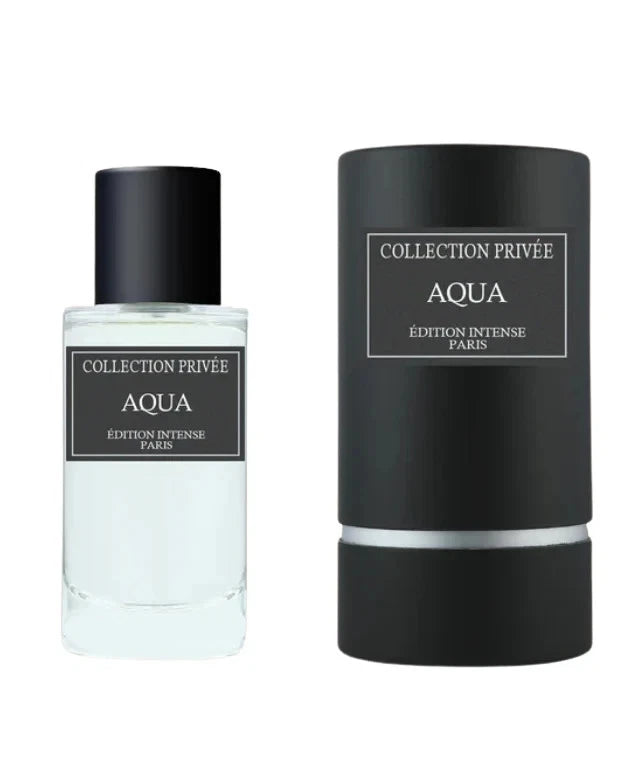 Das Collection Privée Aqua 50ml Herren Parfum neben der dazugehörigen mattschwarzen Originalverpackung in eleganter Zylinderform.