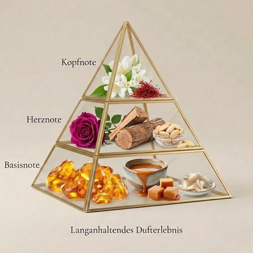 Visuelle Duftpyramide von Bakar: Kopfnote mit Jasminblüten und Safran, Herznote mit Rose, edlem Holz und Mandeln, Basisnote mit warmem Amber, fließendem Karamell und Moschus.