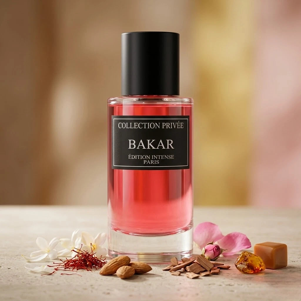 Stilvolle Präsentation des Collection Privée Bakar Flakons auf einer hellen Unterlage, elegant dekoriert mit Safranfäden und Gewürzen in einer warmen Atmosphäre.