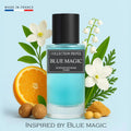 Der minimalistische Glasflakon von Collection Privée Blue Magic mit eisblauer Flüssigkeit, umgeben von frischer Orange, weißen Maiglöckchen und Gewürzen.
