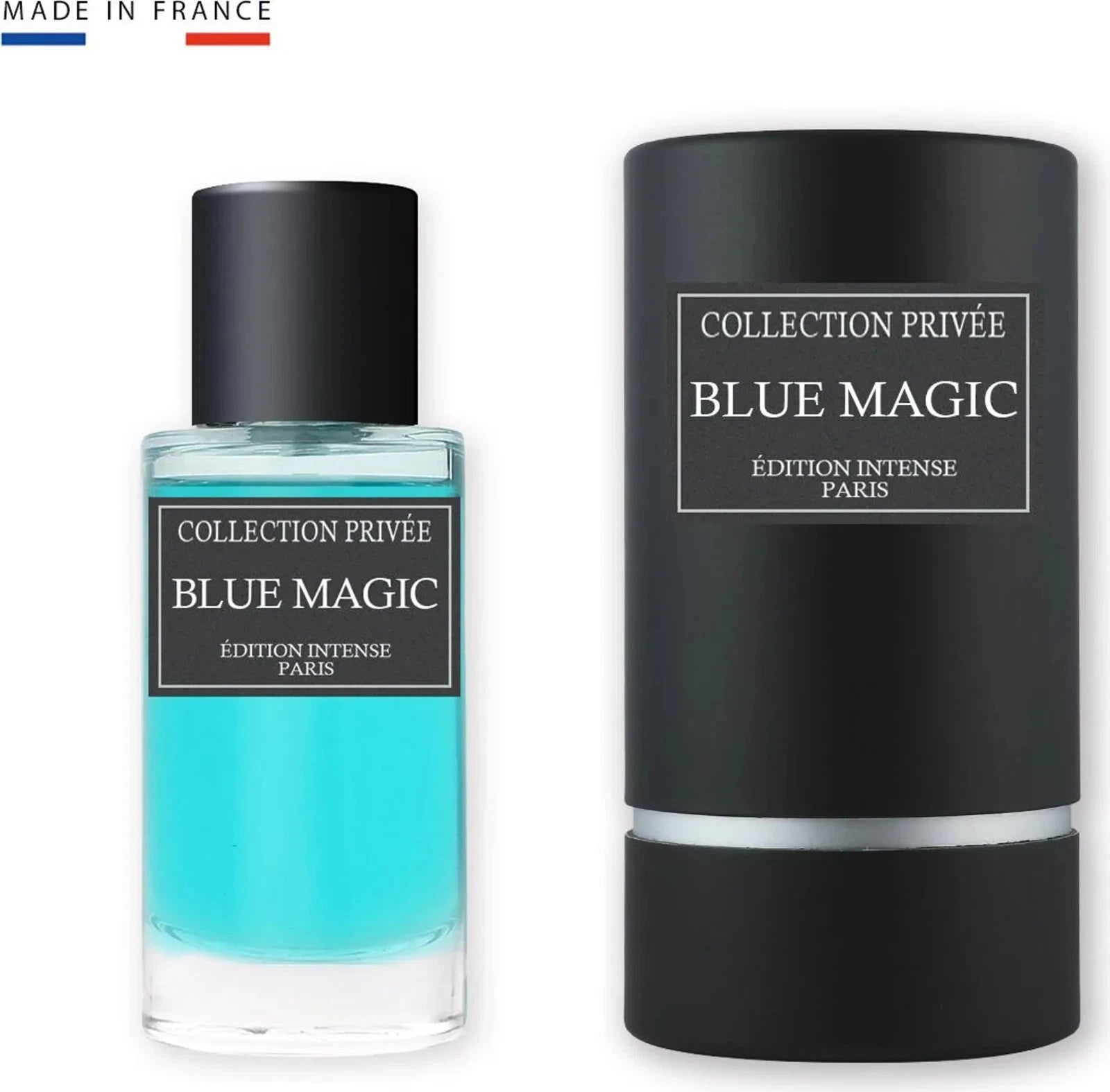 Das Collection Privée Blue Magic 50ml Unisex Parfum neben der dazugehörigen mattschwarzen Originalverpackung in eleganter Zylinderform.