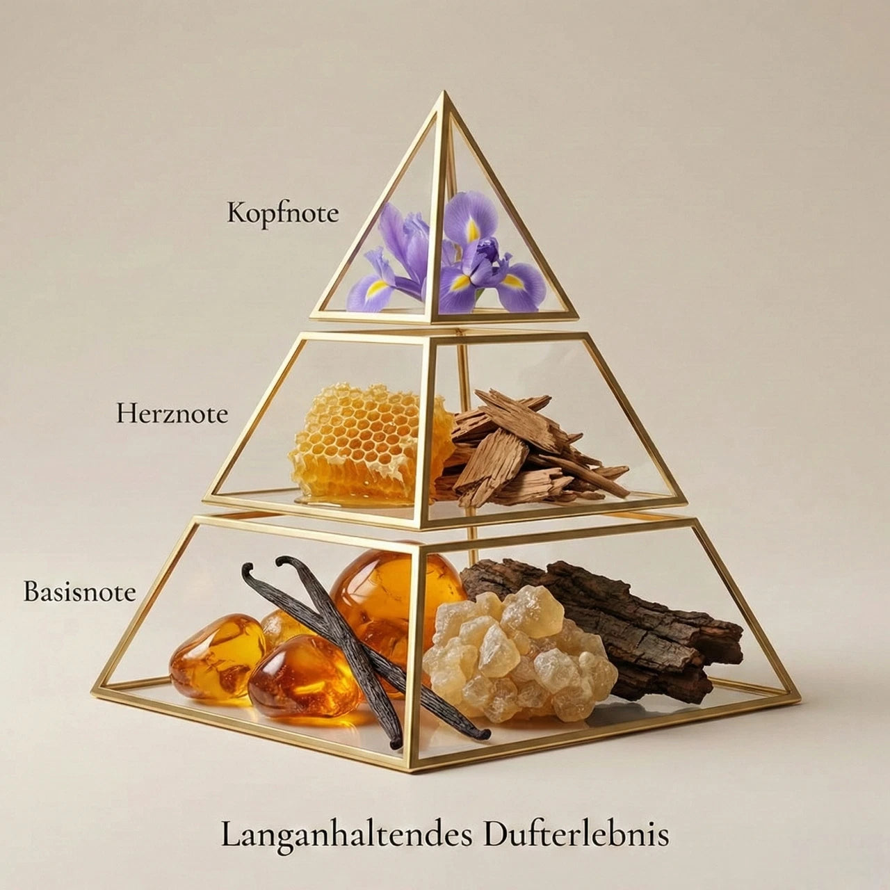Visuelle Duftpyramide von Bois Intense: Kopfnote mit Iris, Herznote mit Bienenwabe und edlem Holz, Basisnote mit Amber, Vanilleschoten, Harzen und dunklem Holz.