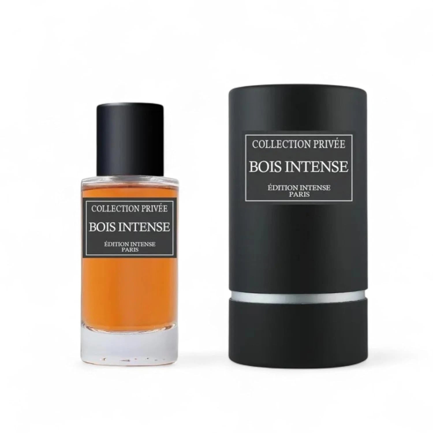 Das Collection Privée Bois Intense 50ml Unisex Parfum neben der dazugehörigen mattschwarzen Originalverpackung in Zylinderform.