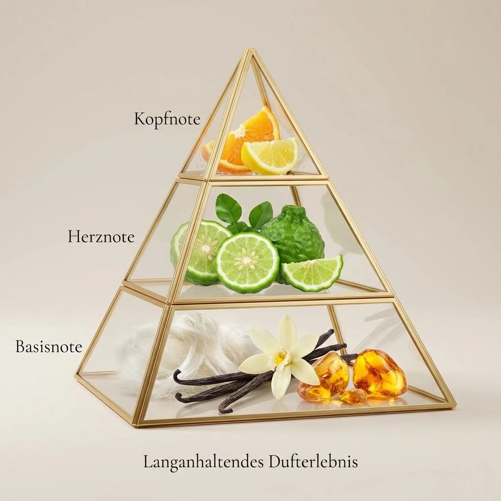 Visuelle Duftpyramide von Erba: Kopfnote mit spritziger Orange und Zitrus, Herznote mit grüner Bergamotte, Basisnote mit weißem Moschus, Vanilleblüten und Amber.