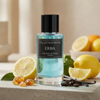 Stilvolle Präsentation des Collection Privée Erba Flakons auf einem hellen Stein, elegant dekoriert mit frischen Zitrusfrüchten und Vanille in einer warmen Atmosphäre.