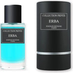 Das Collection Privée Erba 50ml Unisex Parfum neben der dazugehörigen mattschwarzen Originalverpackung in eleganter Zylinderform.