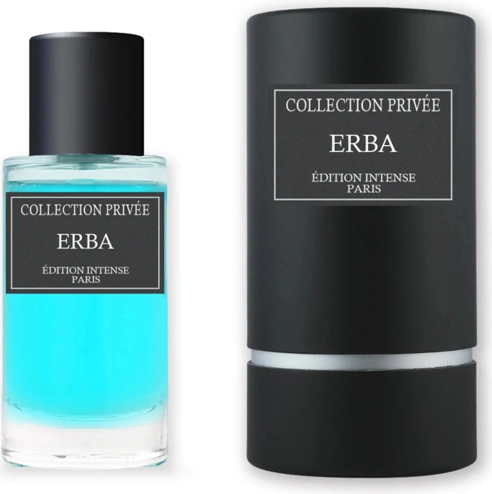 Das Collection Privée Erba 50ml Unisex Parfum neben der dazugehörigen mattschwarzen Originalverpackung in eleganter Zylinderform.