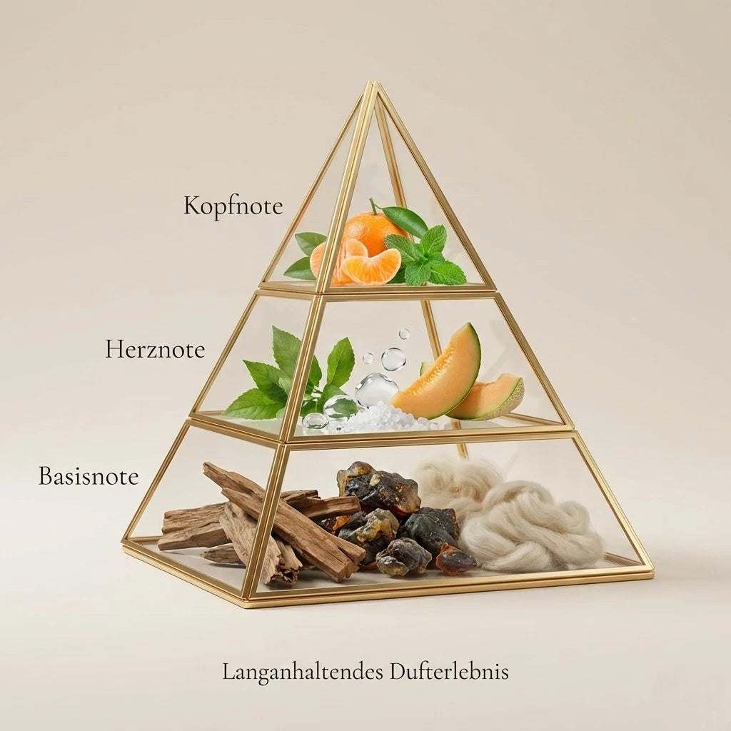 Visuelle Duftpyramide von Invicts: Kopfnote mit Mandarine und Minze, Herznote mit aquatischer Melone und grünen Blättern, Basisnote mit edlem Holz, Amber und Moschus.