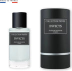 Das Collection Privée Invicts 50ml Herren Parfum neben der dazugehörigen mattschwarzen Originalverpackung in eleganter Zylinderform.