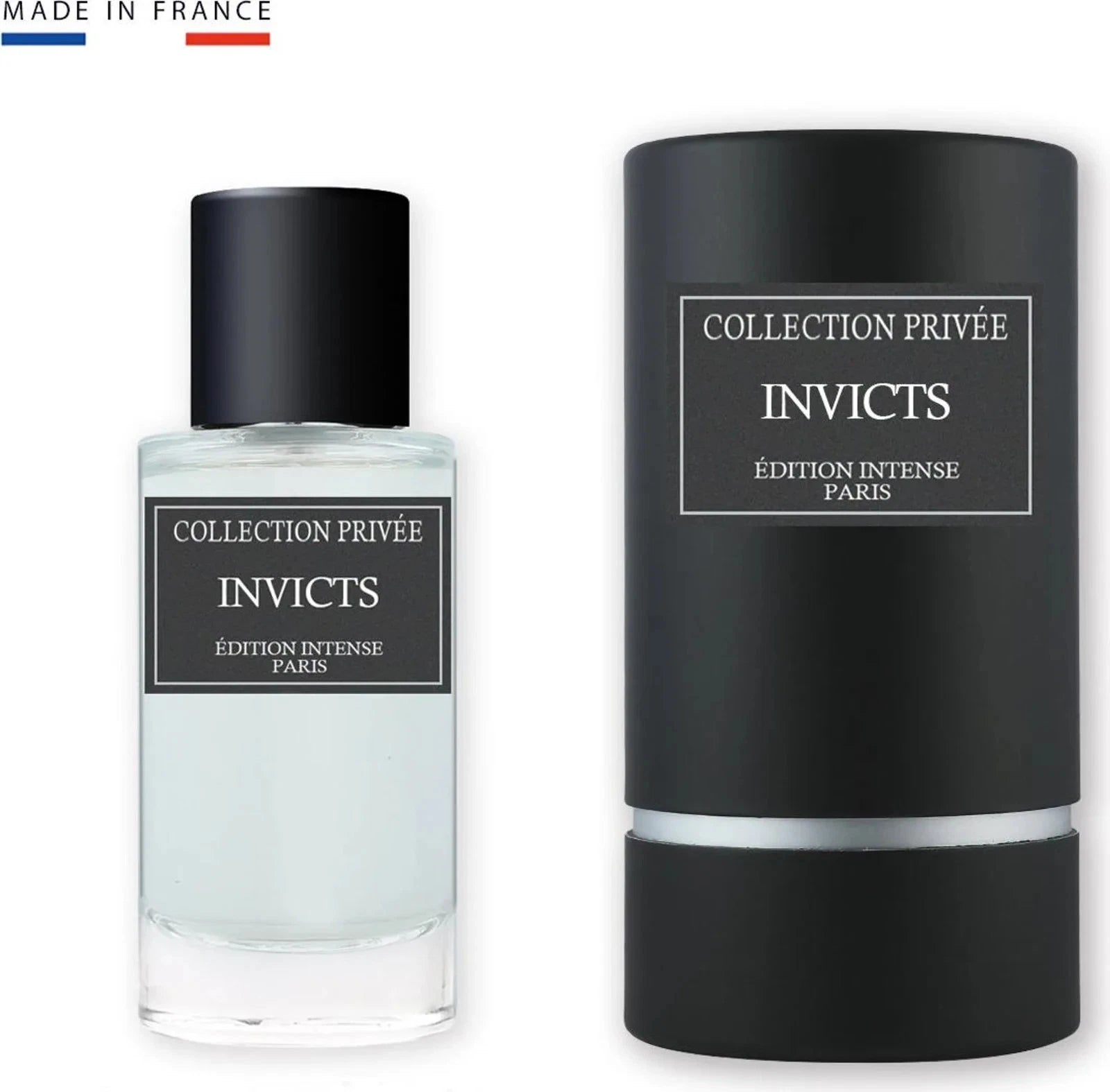 Das Collection Privée Invicts 50ml Herren Parfum neben der dazugehörigen mattschwarzen Originalverpackung in eleganter Zylinderform.