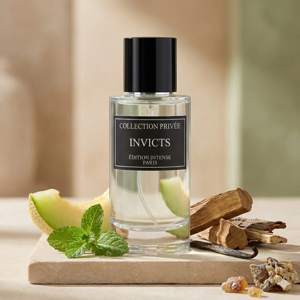 Stilvolle Präsentation des Collection Privée Invicts Flakons auf einer hellen Steinplatte, dekoriert mit saftiger Melone und frischen Minzblättern.