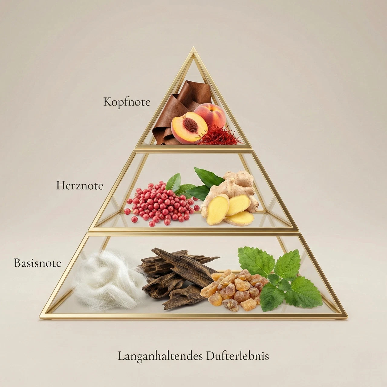 Visuelle Duftpyramide von Mula Gold Edition: Kopfnote mit edlem Leder, Pfirsich und Safran, Herznote mit rosa Pfeffer und Ingwer, Basisnote mit weißem Moschus, Oud, Harzen und Patschuli.
