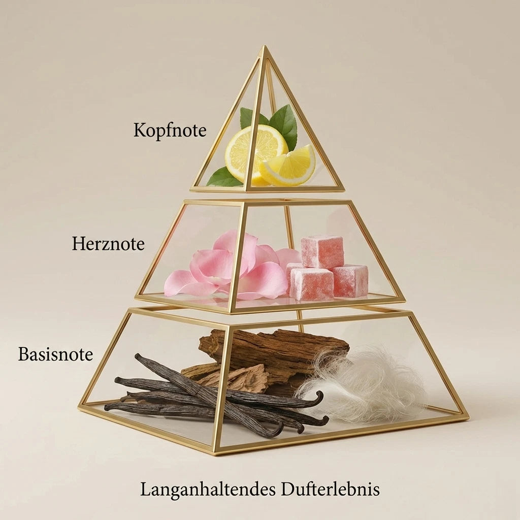 Visuelle Duftpyramide von Rose Vanille: Kopfnote mit Zitrus, Herznote mit rosa Rosenblättern und süßem Lokum, Basisnote mit Vanille, edlem Holz und weißem Moschus.