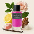Der edle Glasflakon von Collection Privée Rose Vanille mit pinker Flüssigkeit, umgeben von frischen rosa Rosen, Zitrus, süßem Lokum und Vanilleschoten.