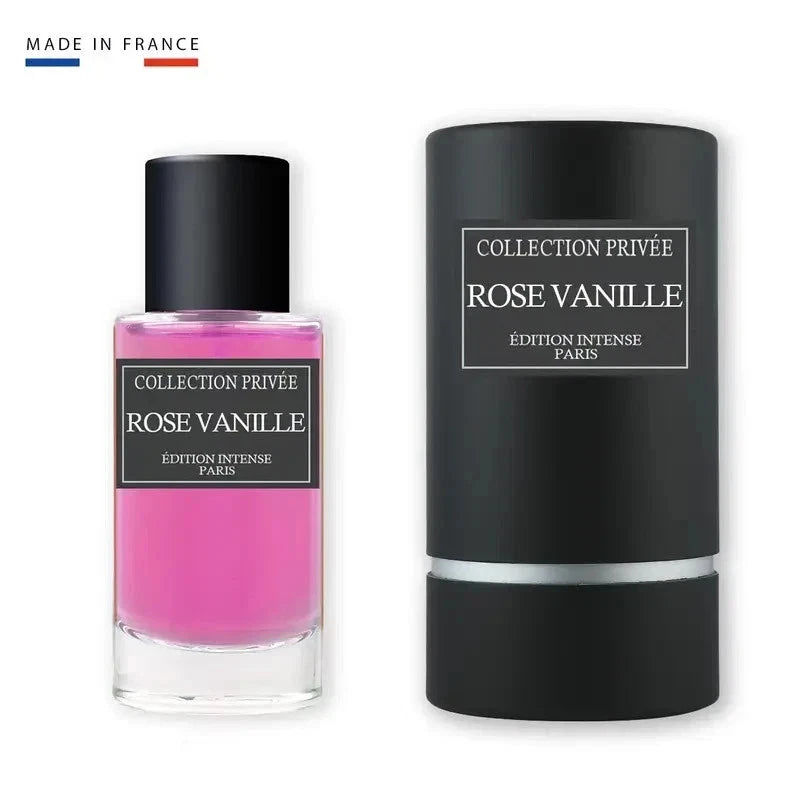 Das Collection Privée Rose Vanille 50ml Unisex Parfum neben der dazugehörigen eleganten, mattschwarzen Originalverpackung in Zylinderform.