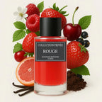 Der minimalistische Glasflakon von Collection Privée Rouge mit leuchtend roter Flüssigkeit, umgeben von frischen Erdbeeren, Himbeeren, Kirschen, Grapefruit und Vanille.