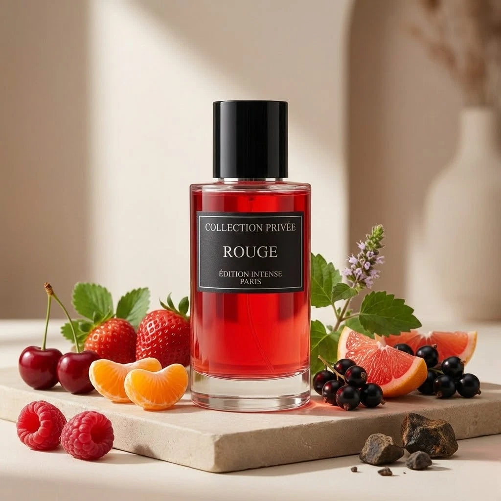 Stilvolle Präsentation des Collection Privée Rouge Flakons auf einer hellen Holzunterlage, elegant dekoriert mit roten Beeren, Kirschen und Zitrusfrüchten.