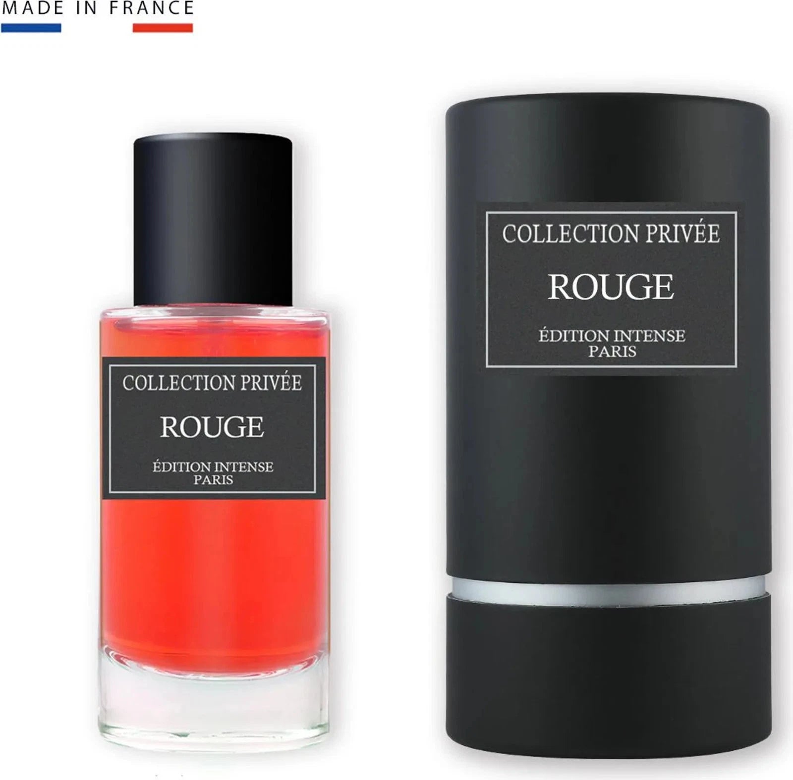 Das Collection Privée Rouge 50ml Unisex Parfum neben der dazugehörigen mattschwarzen Originalverpackung in eleganter Zylinderform.