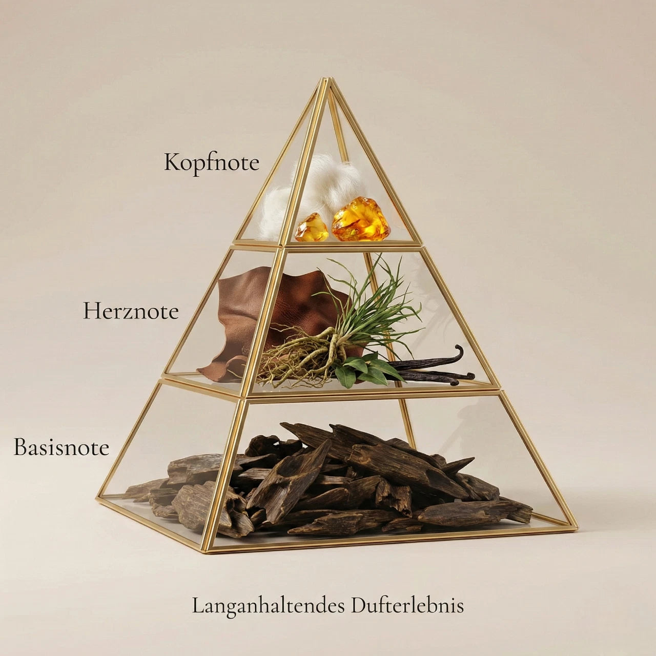 Visuelle Duftpyramide von Vaillant: Kopfnote mit weißem Moschus und Amber, Herznote mit markantem Leder, Vetiverwurzeln und Vanille, Basisnote mit dunklem Oud-Holz.