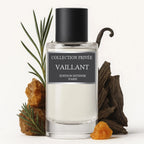 Der minimalistische Glasflakon von Collection Privée Vaillant, umgeben von warmem Amber, dunklem Holz, Vetiver und echten Vanilleschoten.