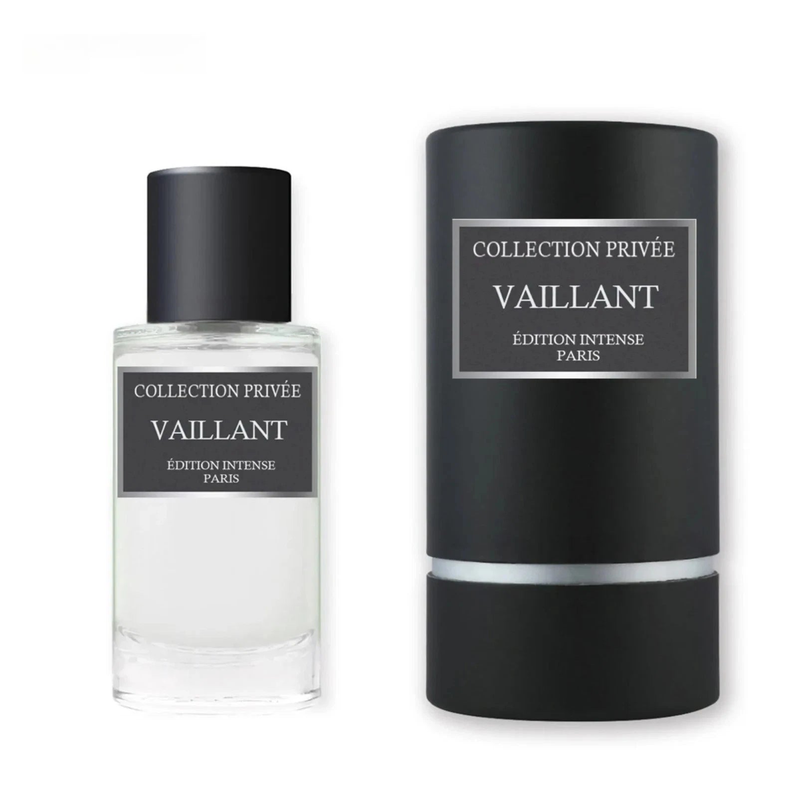 Das Collection Privée Vaillant 50ml Unisex Parfum neben der dazugehörigen mattschwarzen Originalverpackung in eleganter Zylinderform.
