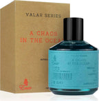 Das Emir A Chaos In The Ocean 100ml Unisex Eau de Parfum neben der dazugehörigen sandfarbenen Originalverpackung der Valar Series.
