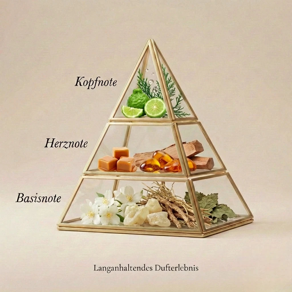 Visuelle Duftpyramide von A Walk on Dirt: Kopfnote mit Bergamotte und Zypresse, Herznote mit Karamell, Amber und Holz, Basisnote mit Jasmin, Harzen und erdigem Vetiver.