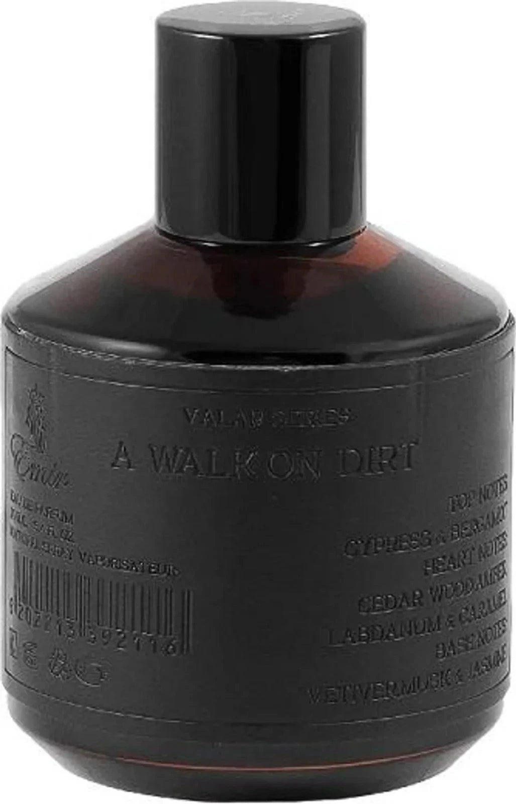 Der edle, dunkelbraune Flakon des Emir A Walk on Dirt 100ml Eau de Parfum mit markantem schwarzem Etikett, freigestellt auf weißem Hintergrund.
