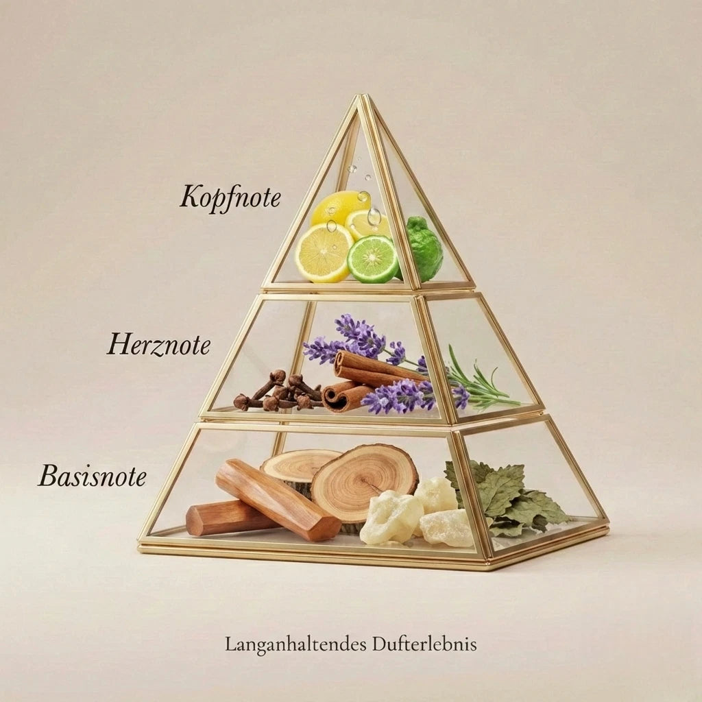 Visuelle Duftpyramide von Emir Celestial: Kopfnote aus Zitrone und Bergamotte, Herznote aus Lavendel, Zimt und Nelke, Basisnote aus Sandelholz, Weihrauch und Patschuli.