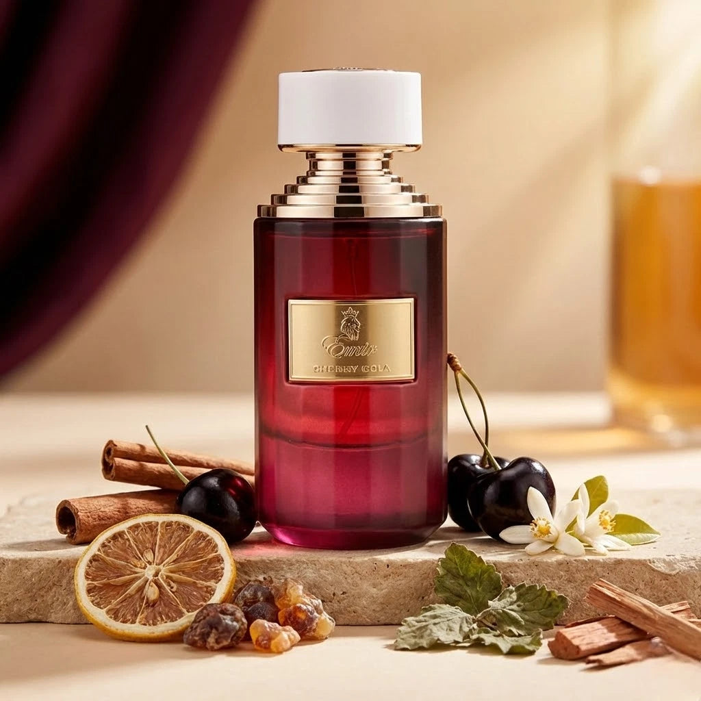 Der edle, bordeauxrote Glasflakon des Emir Cherry Cola Extrait de Parfum, appetitlich präsentiert mit frischen dunklen Kirschen, Zimtstangen, Zitrone und Harzen.