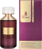 Das Emir Cherry Cola 75ml Unisex Parfum neben der dazugehörigen luxuriösen, violett-goldenen Originalverpackung.