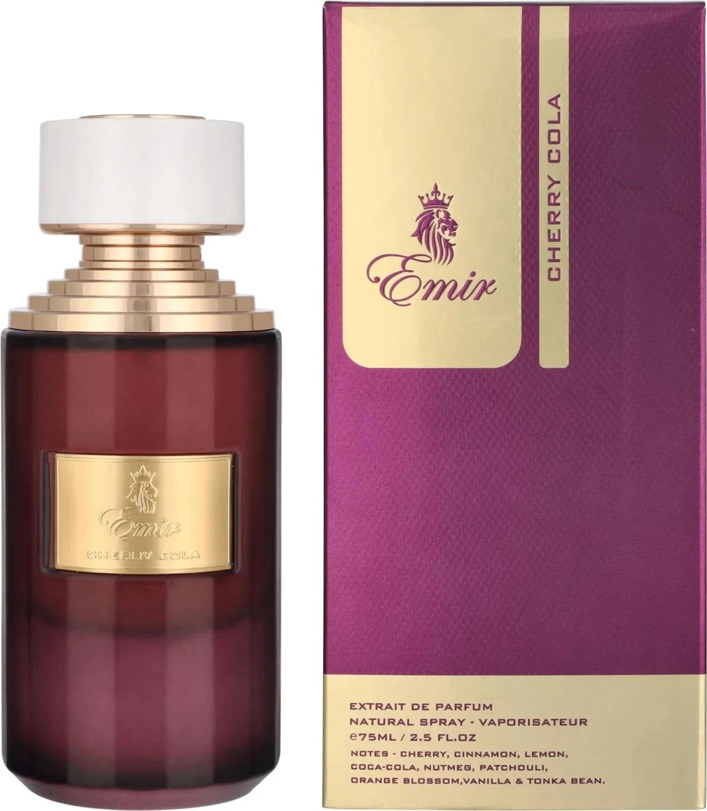 Das Emir Cherry Cola 75ml Unisex Parfum neben der dazugehörigen luxuriösen, violett-goldenen Originalverpackung.