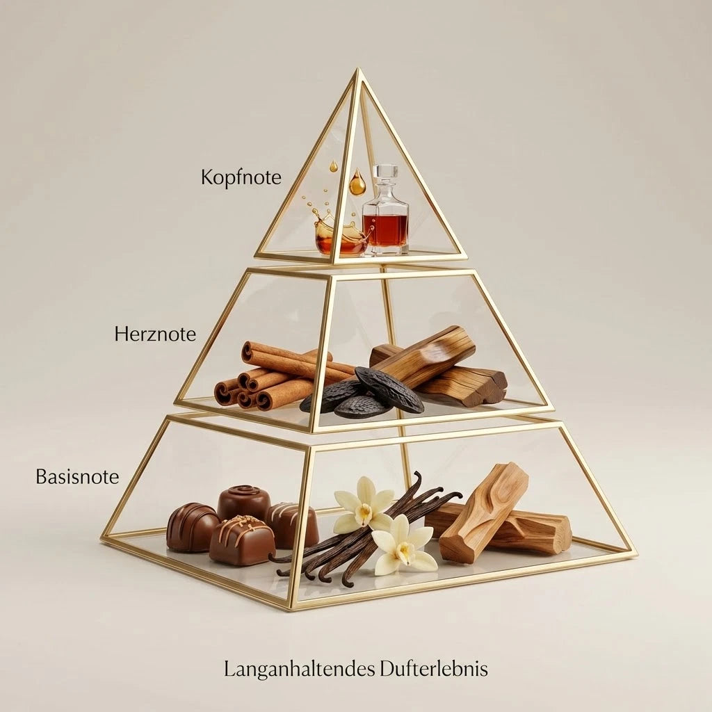 Visuelle Duftpyramide von Fire Your Desire: Kopfnote mit Cognac, Herznote mit Zimt und Tonkabohne, Basisnote mit Praline, Vanille und Holz.