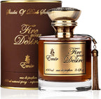 Das Emir Fire Your Desire 100ml Unisex Parfum neben der dazugehörigen luxuriösen, braun-goldenen Zylinder-Verpackung.