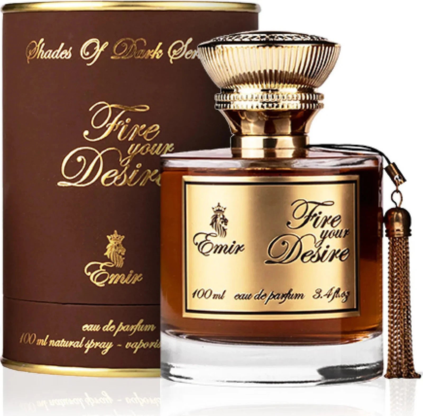 Das Emir Fire Your Desire 100ml Unisex Parfum neben der dazugehörigen luxuriösen, braun-goldenen Zylinder-Verpackung.