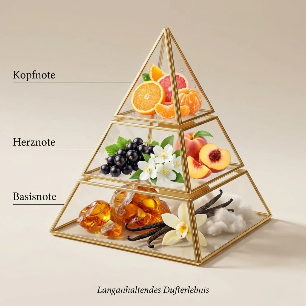 Visuelle Duftpyramide von Emir Juicy Melange: Kopfnote aus Orange und Mandarine, Herznote aus Pfirsich und Johannisbeere, Basisnote aus Amber und Vanille.