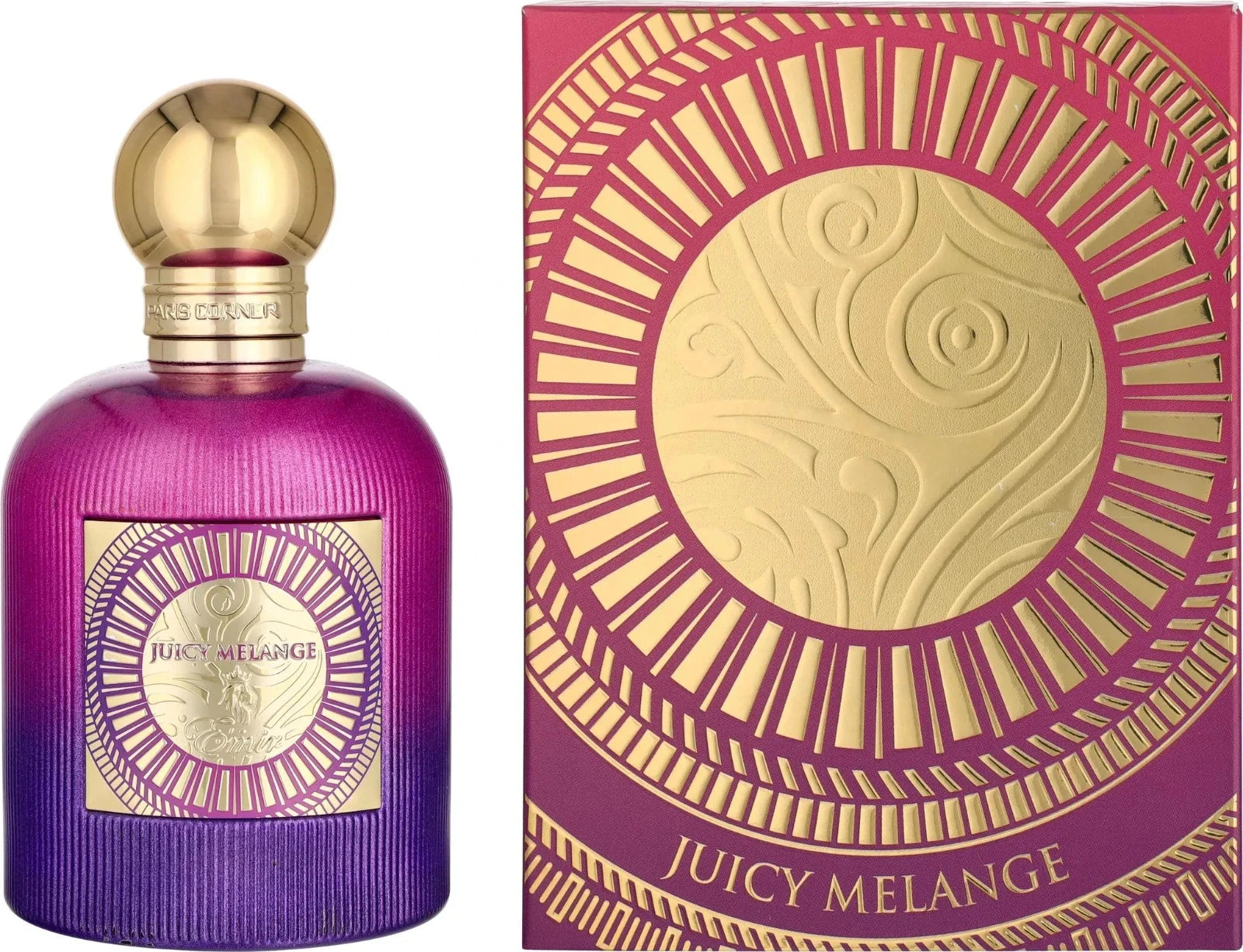 Das Emir Juicy Melange 100ml Unisex Parfum neben der dazugehörigen luxuriösen Originalverpackung mit goldenem Sonnen-Design.