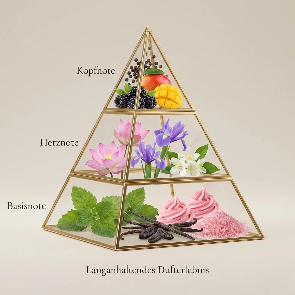 Visuelle Duftpyramide von Emir Mango Punch: Kopfnote aus Mango, Brombeere und Pfeffer, Herznote aus Lotus, Iris und Jasmin, Basisnote aus Vanille, Patschuli und süßem Zucker.