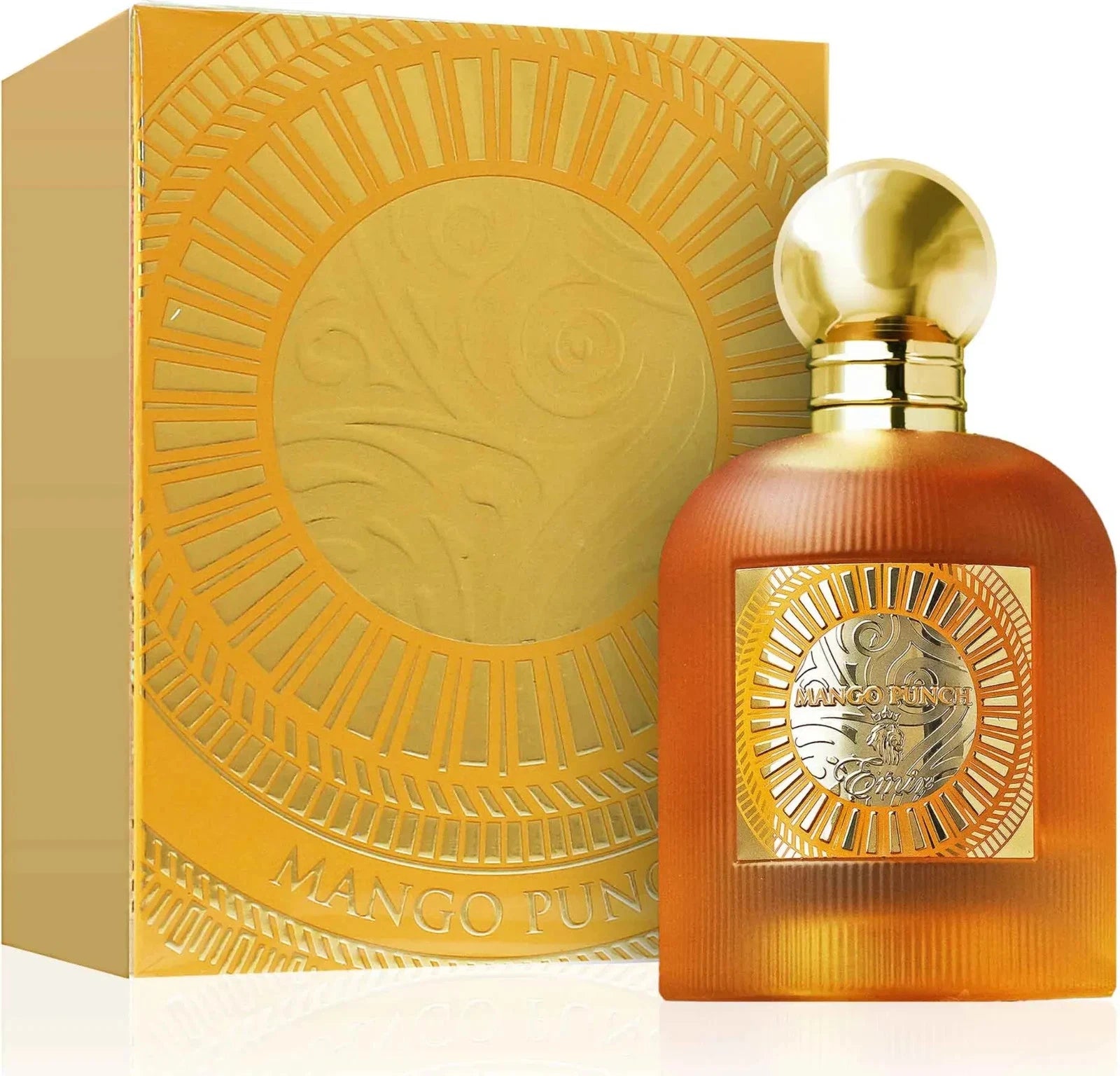 Das Emir Mango Punch 100ml Eau de Parfum neben der dazugehörigen edlen, sonnengelben Originalverpackung mit goldenen Verzierungen.