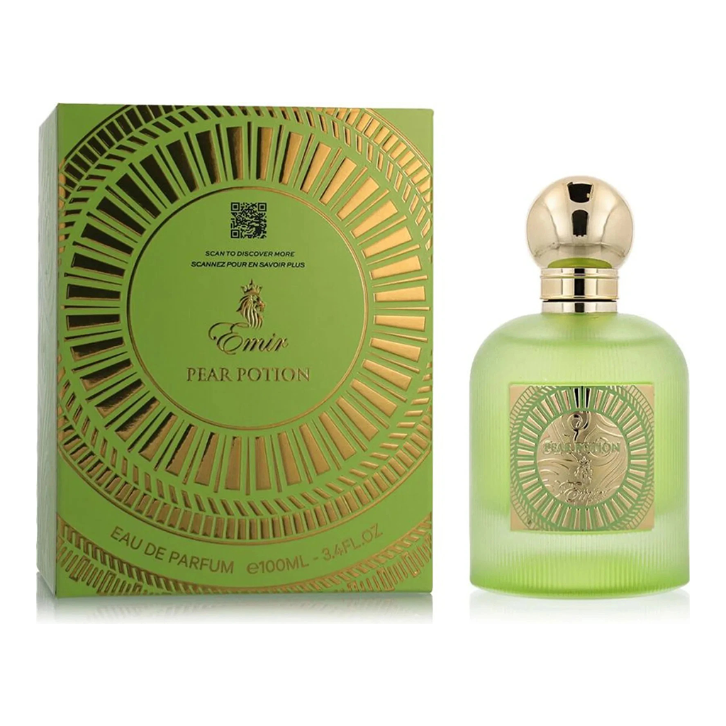 Das Emir Pear Potion 100ml Parfüm neben der dazugehörigen edlen, hellgrünen und goldenen Originalverpackung.