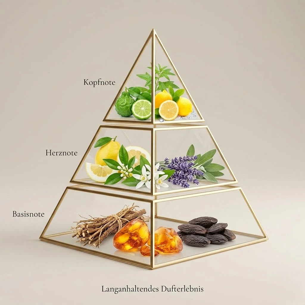 Visuelle Duftpyramide von Ultra Citrus: Kopfnote mit spritzigem Zitrus und Bergamotte, Herznote mit Lavendel und weißen Blüten, Basisnote mit Vetiver, Amber und Tonkabohne.