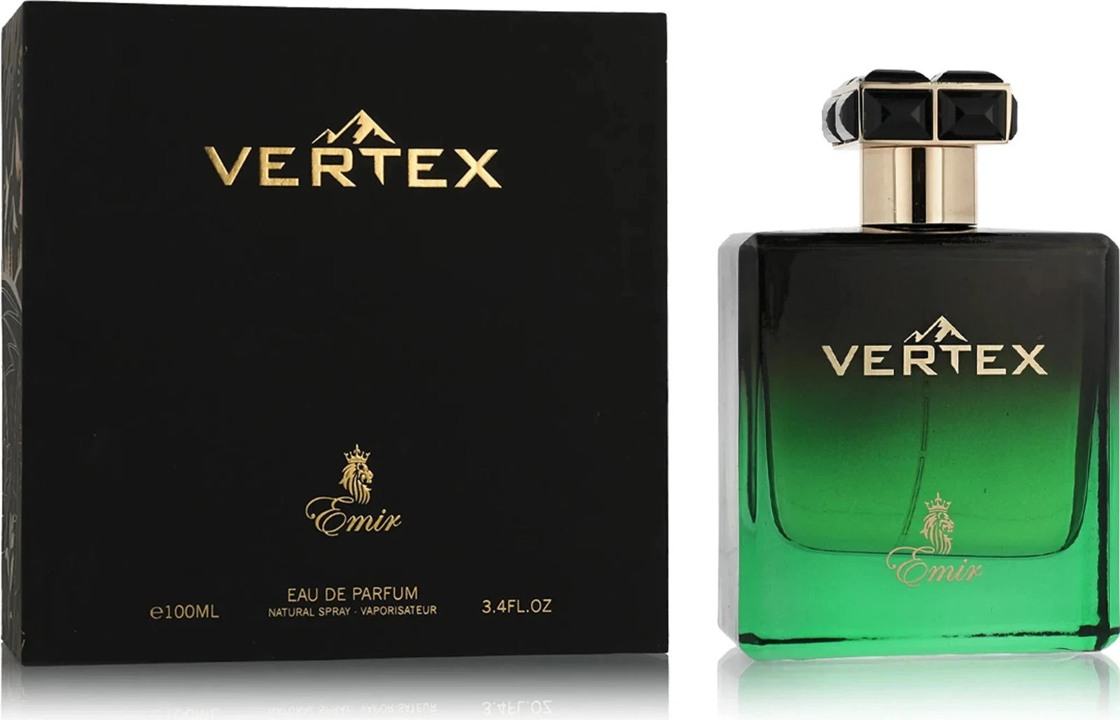 Das Emir Vertex 100ml Unisex Parfum neben der dazugehörigen luxuriösen, schwarzen Originalverpackung mit goldenem Schriftzug.