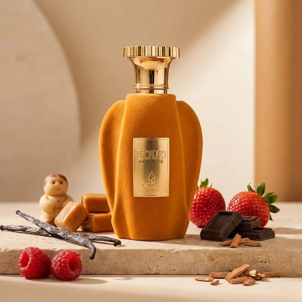 Der samtige, orangefarbene Flakon von Emir Voux Patisserie, appetitlich präsentiert mit frischen Erdbeeren, Himbeeren, dunkler Schokolade und Karamell.