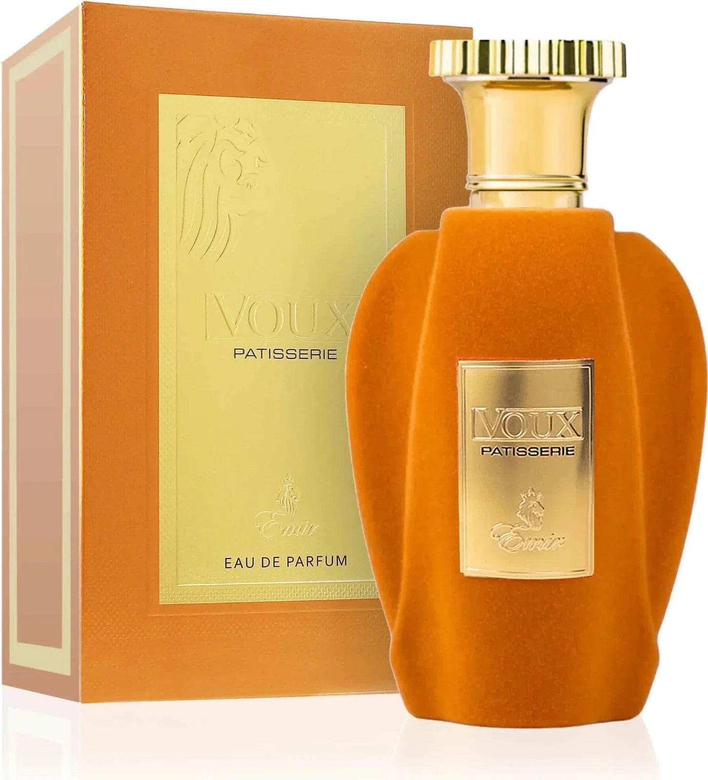 Das Emir Voux Patisserie 100ml Unisex Parfum neben der dazugehörigen luxuriösen, orange-goldenen Originalverpackung.