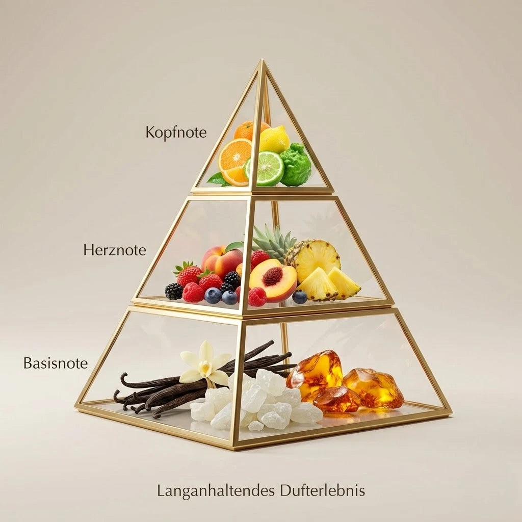Visuelle Duftpyramide von Voux Violette: Kopfnote mit Orange und Zitrus, Herznote mit Pfirsich, Ananas und Beeren, Basisnote mit Vanille, Moschus und Amber.