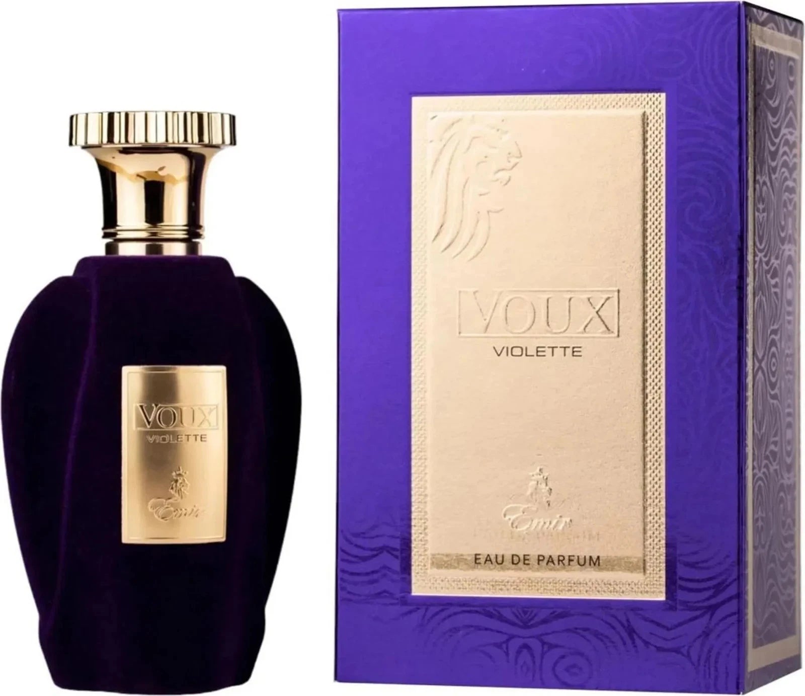 Das Emir Voux Violette 100ml Unisex Parfum neben der dazugehörigen luxuriösen, violett-goldenen Originalverpackung.