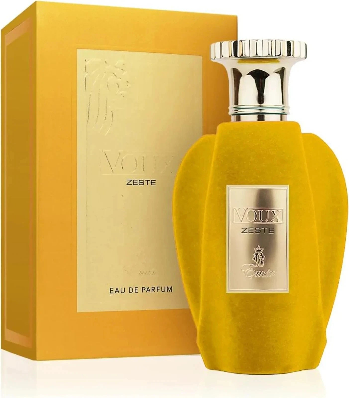 Das Emir Voux Zeste 100ml Parfum neben der dazugehörigen edlen, leuchtend gelben Originalverpackung.